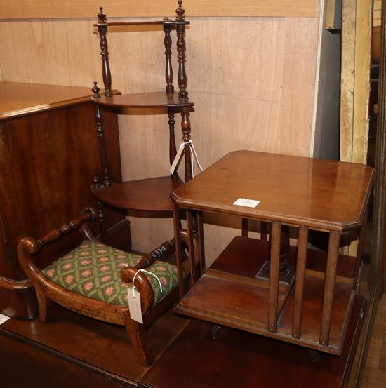 A table top revolving bookcase, W.36cm, a miniature footstool, W.37cm and a three tiered wall bracket W.36cm